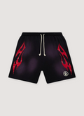 Hellstar Flame Shorts Purple Red with custom milled fleece, elasticized waist, adjustable drawstring, potassium sprayed, printed flame graphics, front view Hellstar Flame Shorts Purple Red - Image 1 | Authenticated at Pieces Los Angeles