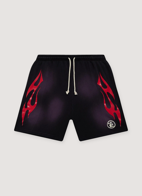 Hellstar Flame Shorts Purple Red with custom milled fleece, elasticized waist, adjustable drawstring, potassium sprayed, printed flame graphics, front view Flame Shorts Purple Red - Authenticated Shorts | Pieces Los Angeles