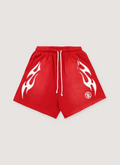 Hellstar Flame Shorts Red White with custom milled fleece, elasticized waist, adjustable drawstring, potassium sprayed, printed flame graphics, front view Hellstar Flame Shorts Red White - Image 1 | Authenticated at Pieces Los Angeles
