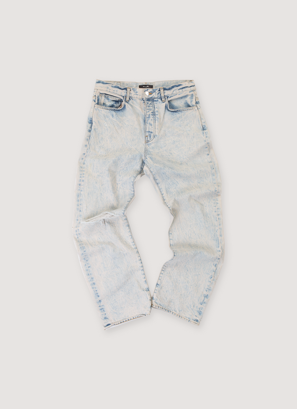 Amiri Shotgun Denim Jeans Acid Wash Cream Tan (Pre-Owned) with reguar rise, straight leg cut, button-zip fly, shotgun distressing, front view Shotgun Jeans Acid Wash Cream Tan (Pre-Owned) - Authenticated Jeans | Pieces Los Angeles