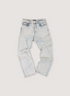 Amiri Shotgun Denim Jeans Acid Wash Cream Tan (Pre-Owned) with reguar rise, straight leg cut, button-zip fly, shotgun distressing, front view