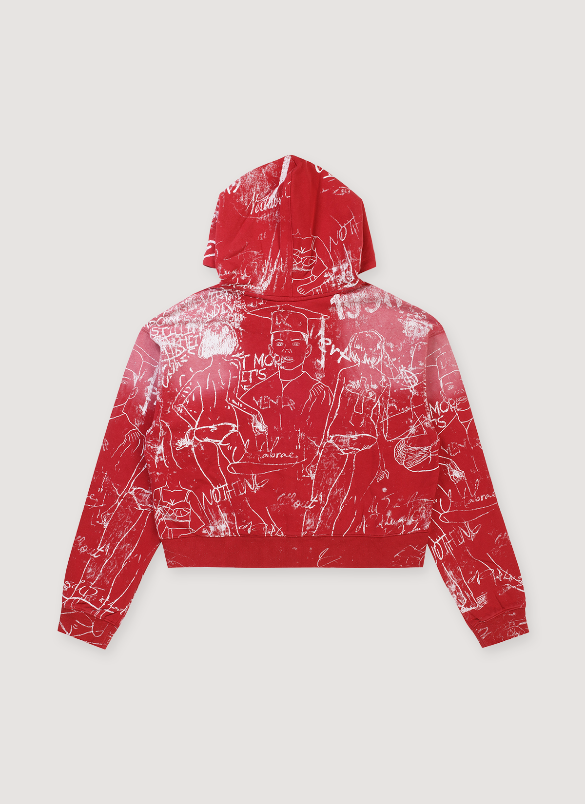 Vertabrae Silo Sketch Sweatshirt Red Hoodie with printed all over pattern, embroidered logo, vintage wash and fade, distressed details, heavyweight zipped closure, robber cuff and waist, back view