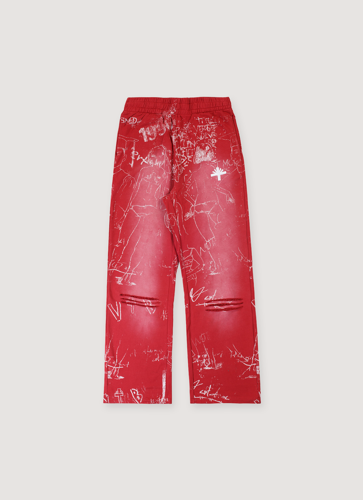 Vertabrae Silo Sketch Sweatpants Red with printed all over pattern, emboidered logo, vintage wash and fade, distressed details, elasticated waistband with drawstring, wide leg fit, front view