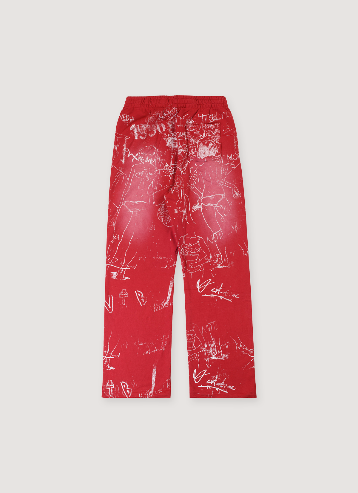 Vertabrae Silo Sketch Sweatpants Red with printed all over pattern, emboidered logo, vintage wash and fade, distressed details, elasticated waistband with drawstring, wide leg fit, back view