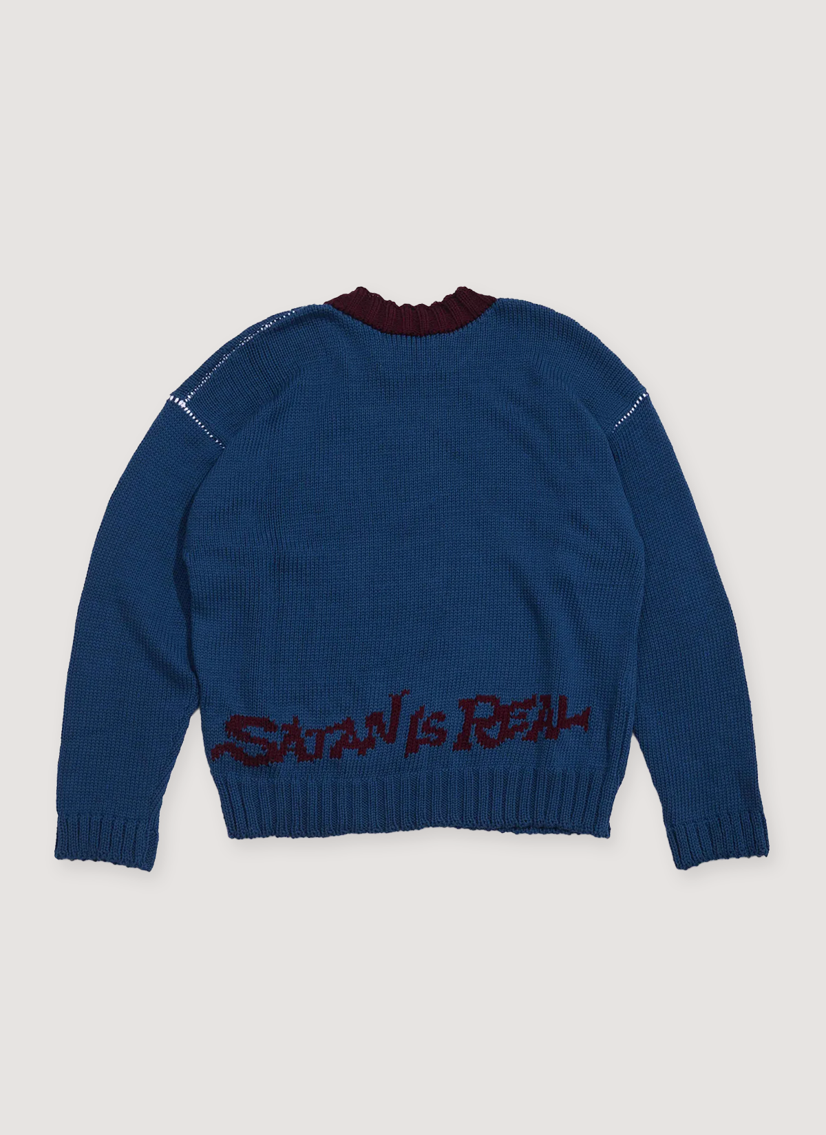 Paly Hollywood Sins Hand Knitted Sweater Navy with french roll collar, thumb holes, distressed yarn, and black text on lower back, back view Paly Hollywood Sins Hand Knitted Sweater Navy - Image 2 | Authenticated at Pieces Los Angeles