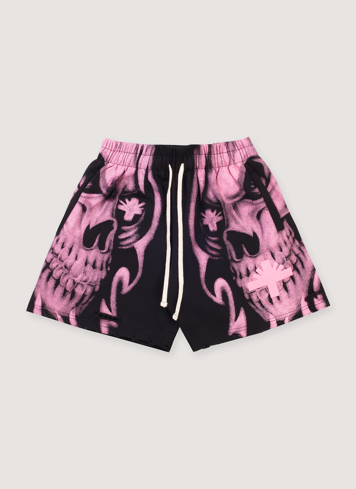 Vertabrae Skull Face Shorts Black Pink Skulls and white drawstring front view