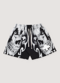 Vertabrae Skull Face Shorts Black White with a graphic of two skulls and white drawstrings, front view Vertabrae Skull Face Shorts Black White - Image 1 | Authenticated at Pieces Los Angeles