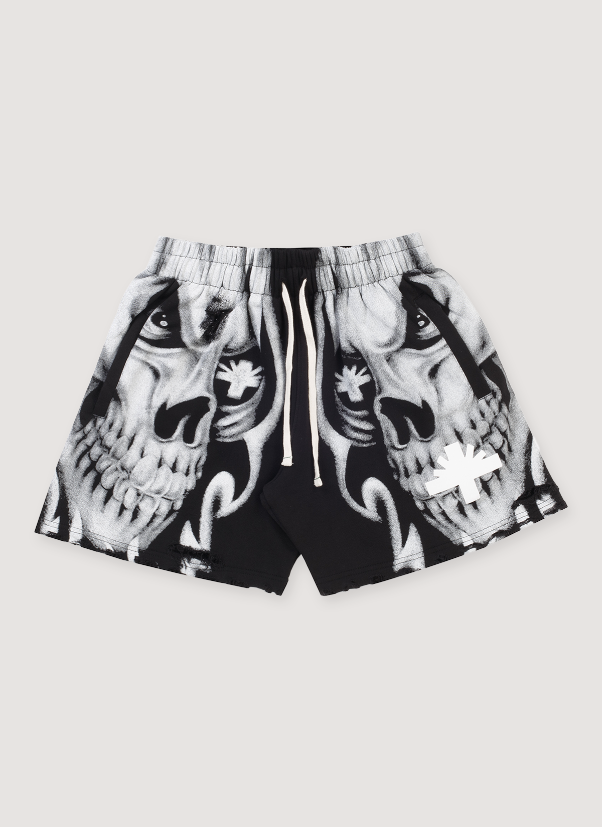 Vertabrae Skull Face Shorts Black White with a graphic of two skulls and white drawstrings, front view