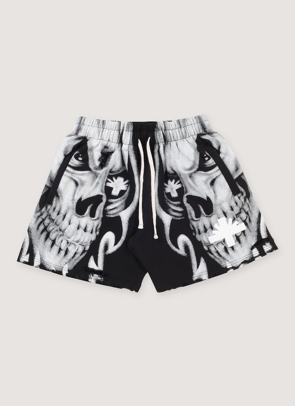 Vertabrae Skull Face Shorts Black White with a graphic of two skulls and white drawstrings, front view Skull Face Shorts Black White - Authenticated Shorts | Pieces Los Angeles