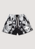 Vertabrae Skull Face Shorts Black White with a graphic of two skulls and white drawstrings, front view