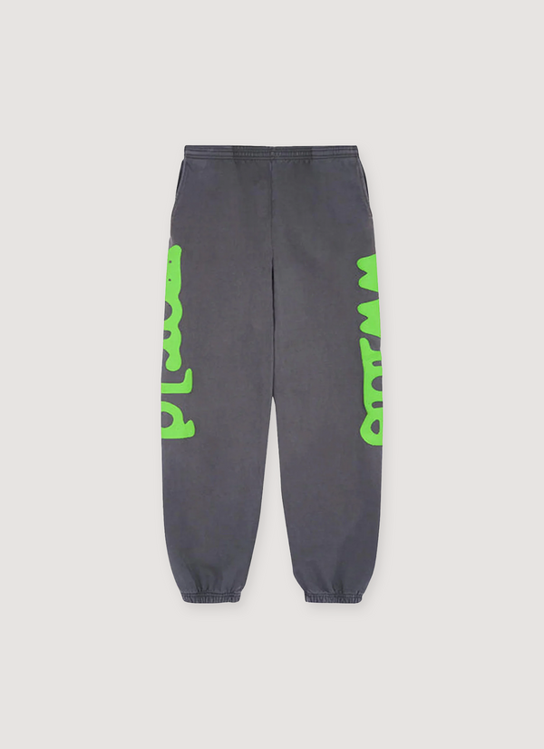 Sp5der Worldwide Beluga Sweatpants Slate Grey Green Text cuffed front view Beluga Sweatpants Slate Grey - Authenticated Sweatpants | Pieces Los Angeles