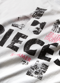Pieces 90401 Tee Vintage White close up of the back view with Pieces text and graphics around it Pieces 90401 Tee Vintage White - Image 4 | Authenticated at Pieces Los Angeles
