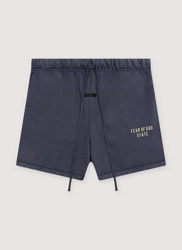 Essentials Fear of God Heavy Fleece Soccer Shorts Marine 520 gsm with vintage wash, elasticated waistband, printed logo, rubberized logo, front view Heavy Fleece Soccer Shorts Marine - Authenticated Shorts | Pieces Los Angeles