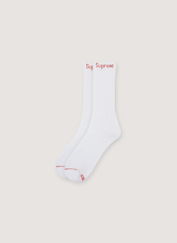 Supreme Hanes Crew Socks (4 Pack) White with red details, cushioned footbottom, reinforced heel and toe, woven logos Hanes Crew Socks (4 Pack) White - Authenticated Socks | Pieces Los Angeles
