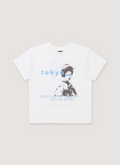 Pieces Sounds Tee Shirt White with black and white graphic of a woman wearing traditional japanese kyoto and blue text, front view Pieces Sounds Tee White - Image 1 | Authenticated at Pieces Los Angeles