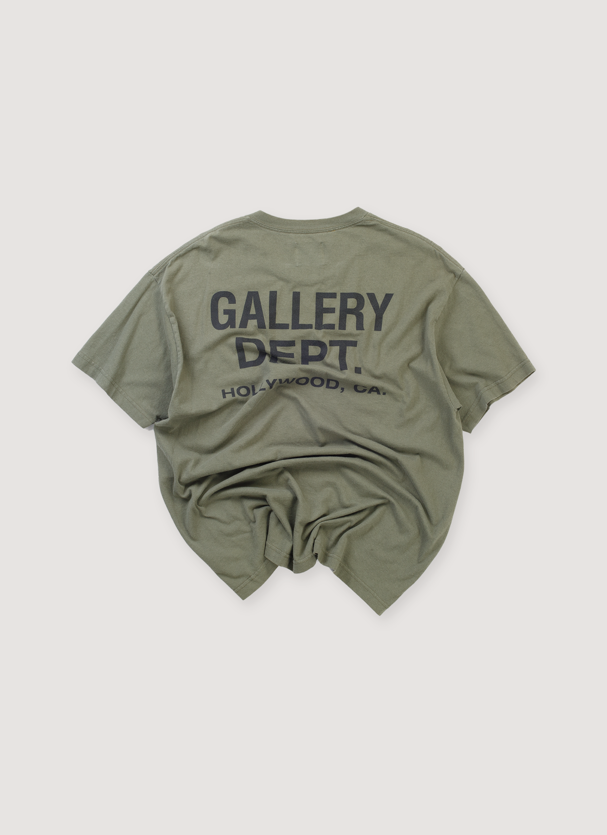 Gallery Dept. Souvenir Tee Shirt Olive Green (Pre-Owned), boxy with black printed logos, back view