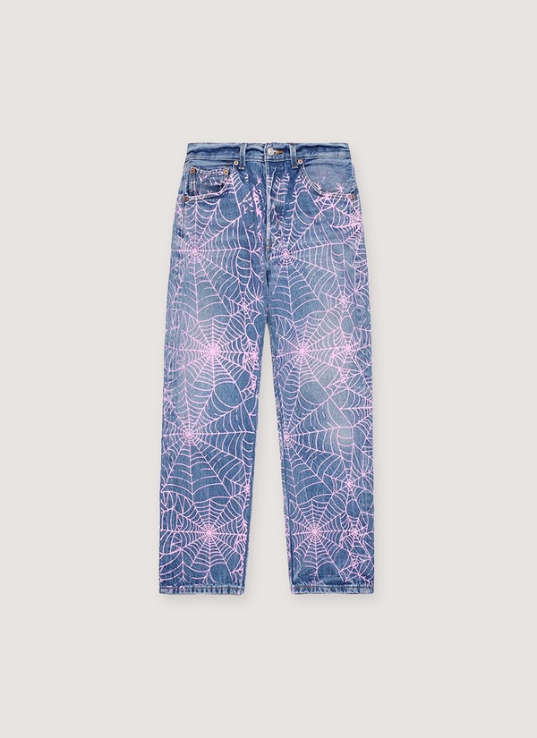 Sp5der Worldwide Vintage AOP 501 Denim Jeans Blue Indigo Pink with distressed details, and printed pink web design all over, front view Vintage AOP 501 Denim Indigo Pink - Authenticated Jeans | Pieces Los Angeles