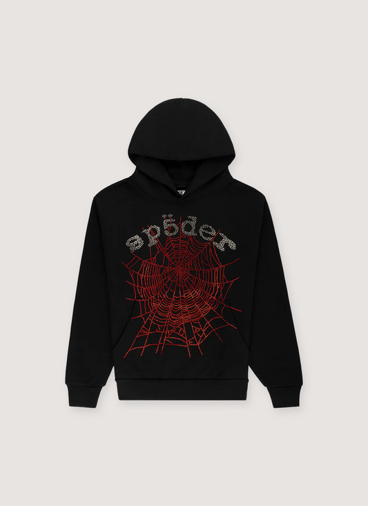 Sp5der Worldwide Rhinestone OG Web Sweatshirt Black Red