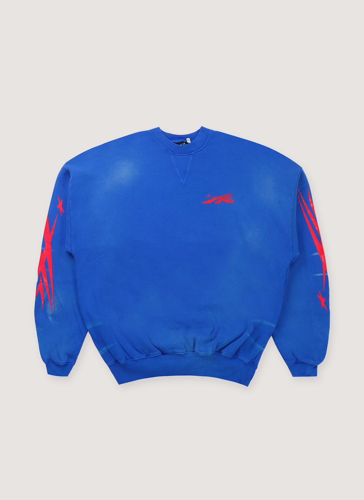 Hellstar Sports Crewneck Blue Red with designs on sleeves, front view