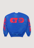 Hellstar Sports Crewneck Blue Red with designs on sleeves and pill logo on back, back view Hellstar Sports Crewneck Blue Red - Image 2 | Authenticated at Pieces Los Angeles