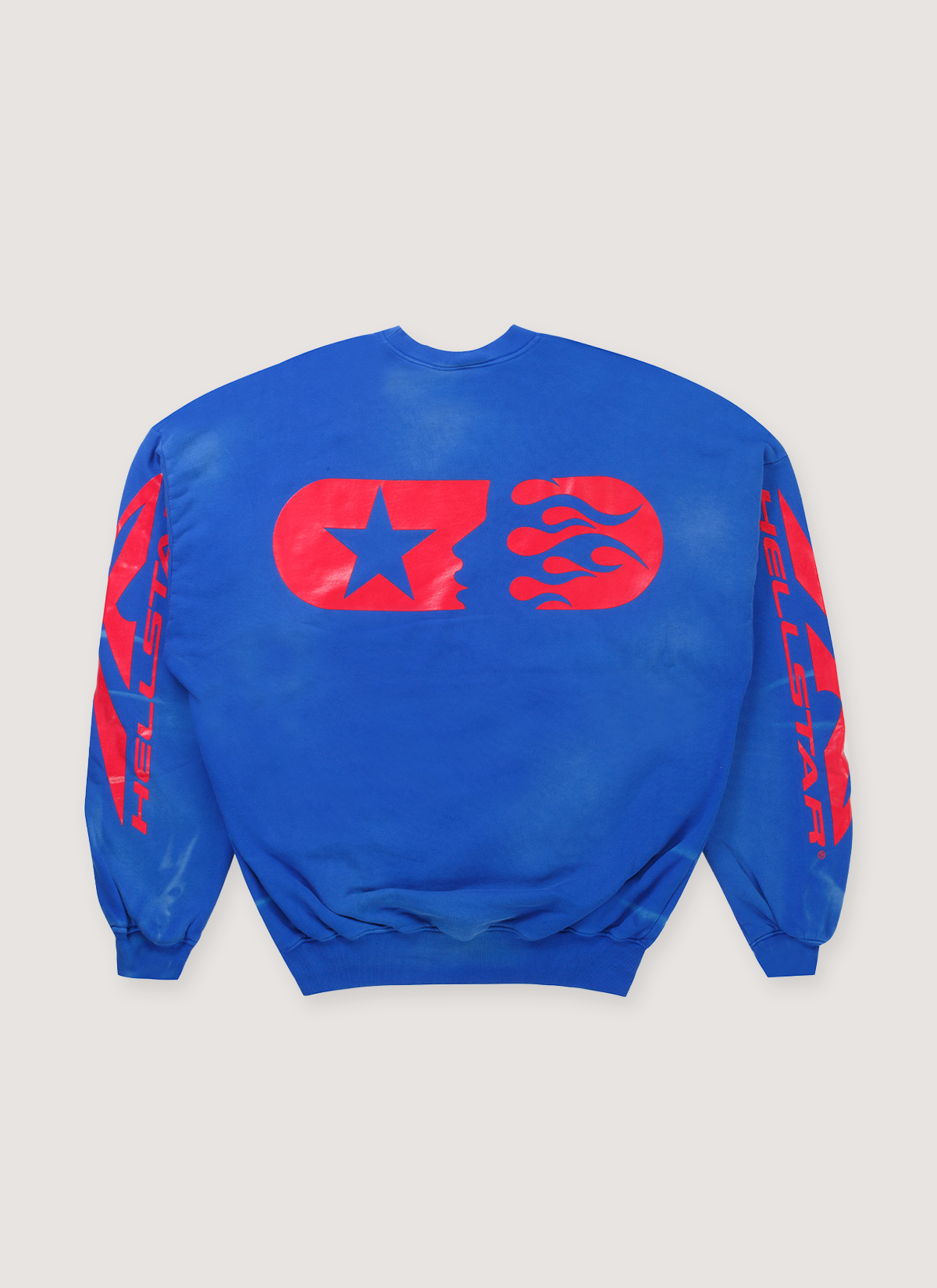Hellstar Sports Crewneck Blue Red with designs on sleeves and pill logo on back, back view