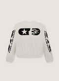 Hellstar Sports Crewneck White with black designs on sleeves and pill logo, back view Hellstar Sports Crewneck White - Image 2 | Authenticated at Pieces Los Angeles