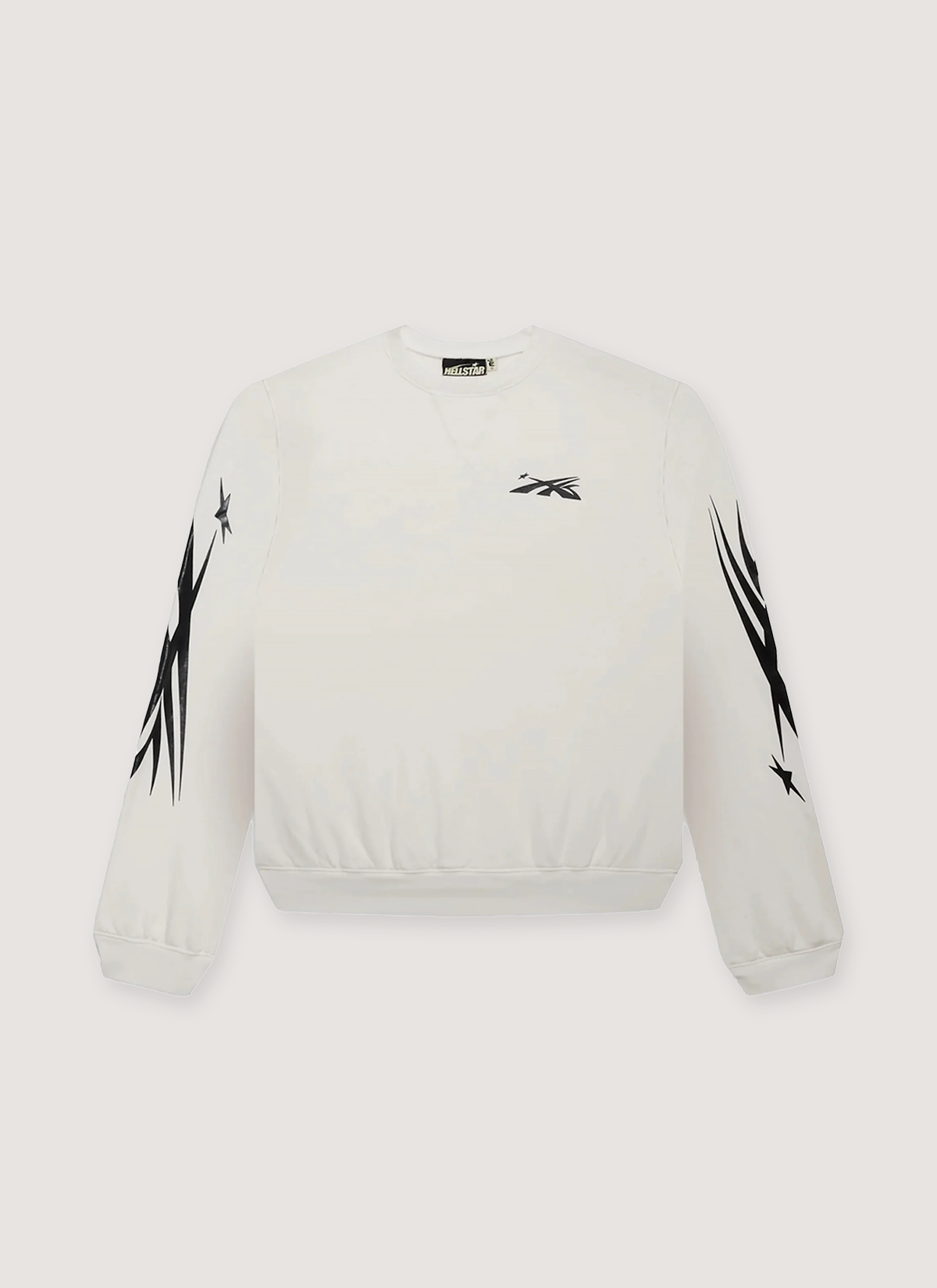 Hellstar Sports Crewneck White with black designs on sleeves and logo, front view Hellstar Sports Crewneck White - Image 1 | Authenticated at Pieces Los Angeles