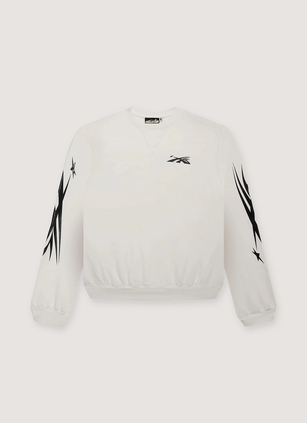 Hellstar Sports Crewneck White with black designs on sleeves and logo, front view Sports Crewneck White - Authenticated Sweaters | Pieces Los Angeles
