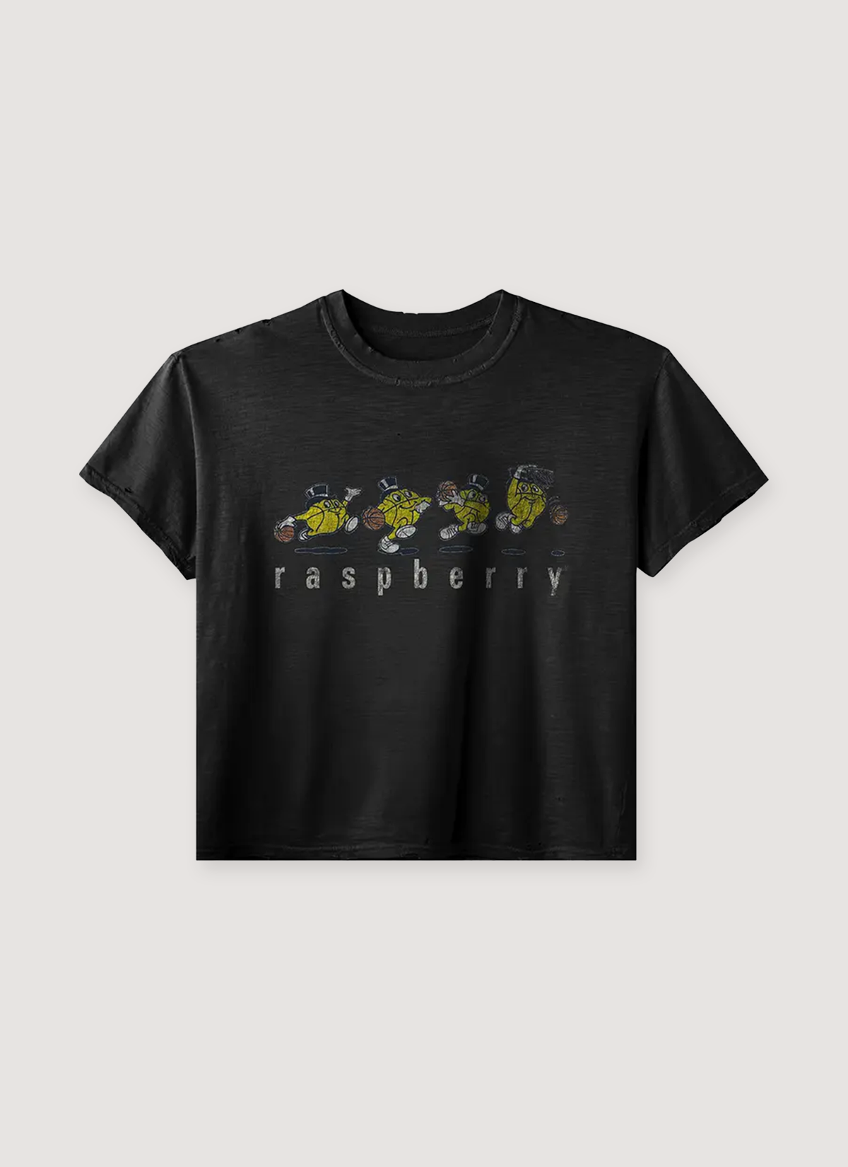 GV Gallery Sprint Tee Shirt Washed Black with text that says "raspberry" with graphics of cartoon basketballs running, front view GV Gallery Sprint Tee Washed Black - Image 1 | Authenticated at Pieces Los Angeles