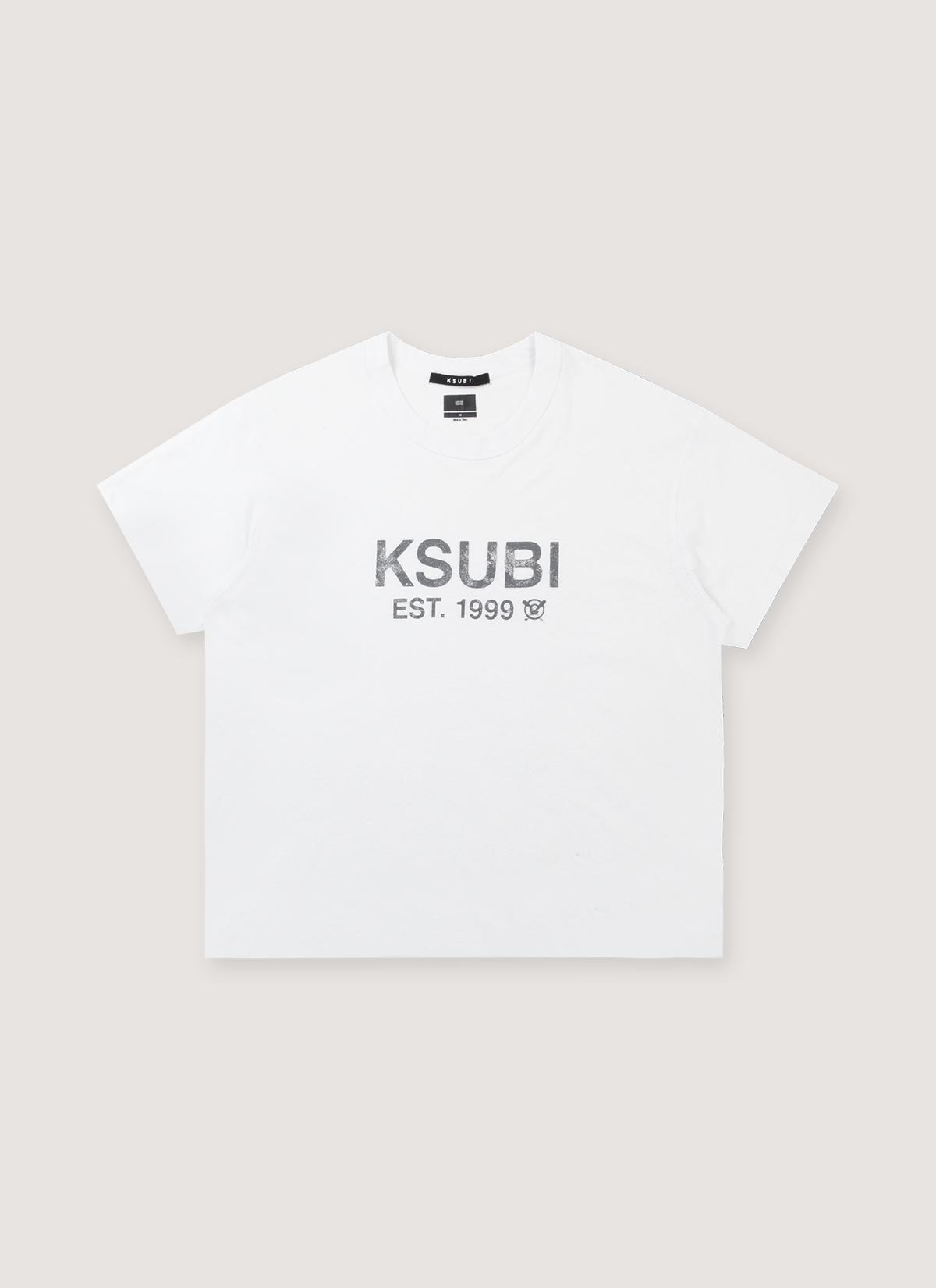 Ksubi State Slub Sid Tee White faded text, front view Ksubi State Slub Sid Tee White - Image 1 | Authenticated at Pieces Los Angeles
