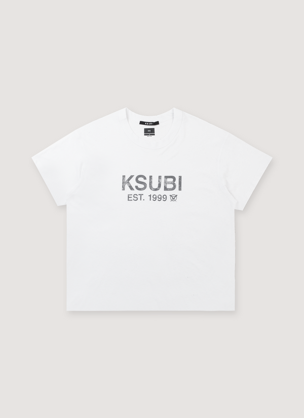 Ksubi State Slub Sid Tee White faded text, front view State Slub Sid Tee White - Authenticated T-shirts | Pieces Los Angeles