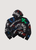 Chrome Hearts Stencil Sweatshirt Multicolor Hoodie (Pre-Owned), drawstring hood, printed blue, green, red and white printed logos all over, .925 silver eyelets, lengthened laces, kangaroo pocket, front view Chrome Hearts Stencil Sweatshirt Multicolor (Pre-Owned) - Image 1 | Authenticated at Pieces Los Angeles
