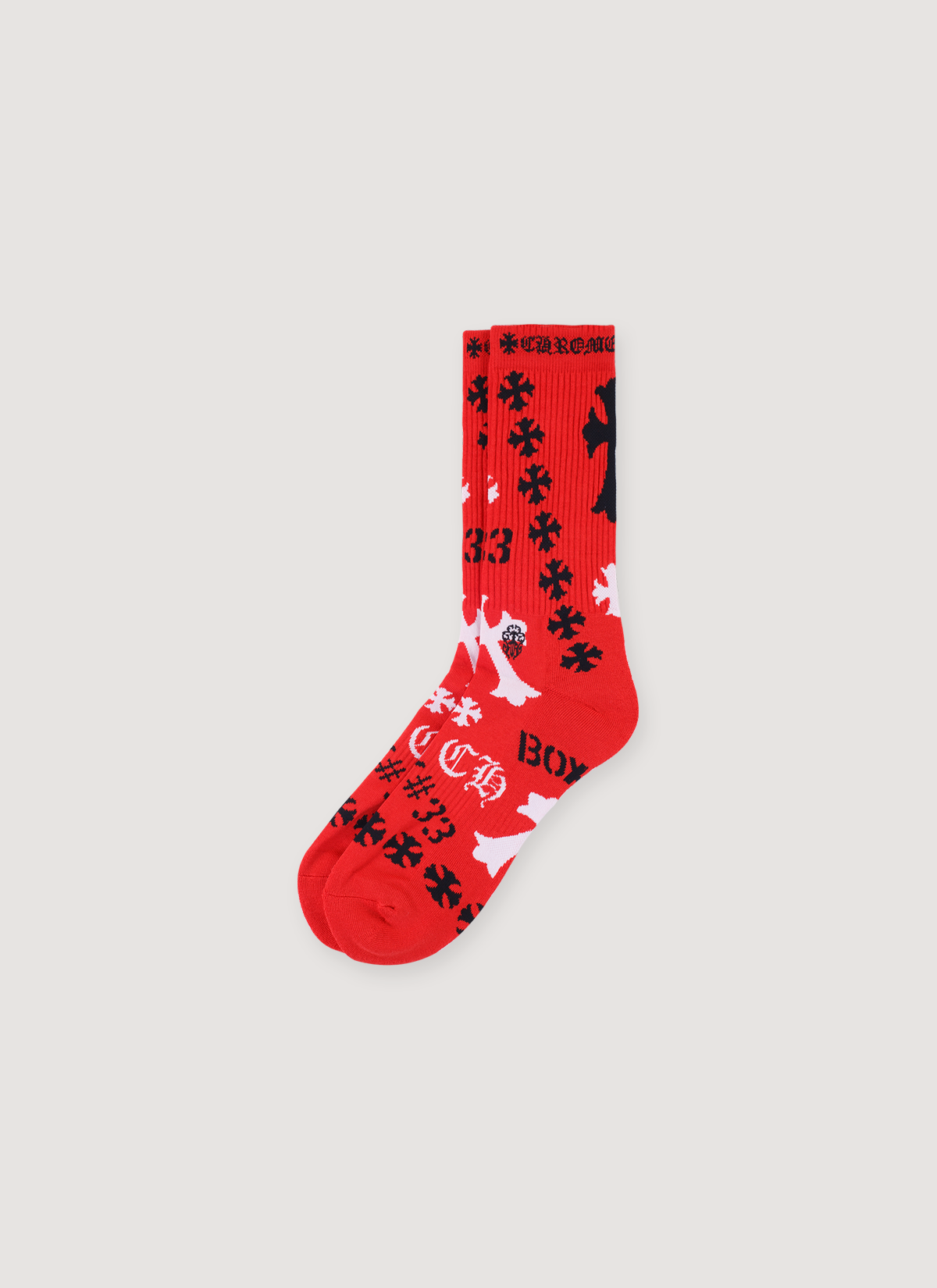 Chrome Hearts Red Stencil Socks woven all over black and white logos, woven Chrome Hearts text ribbing Chrome Hearts Stencil Socks - Image 2 | Authenticated at Pieces Los Angeles