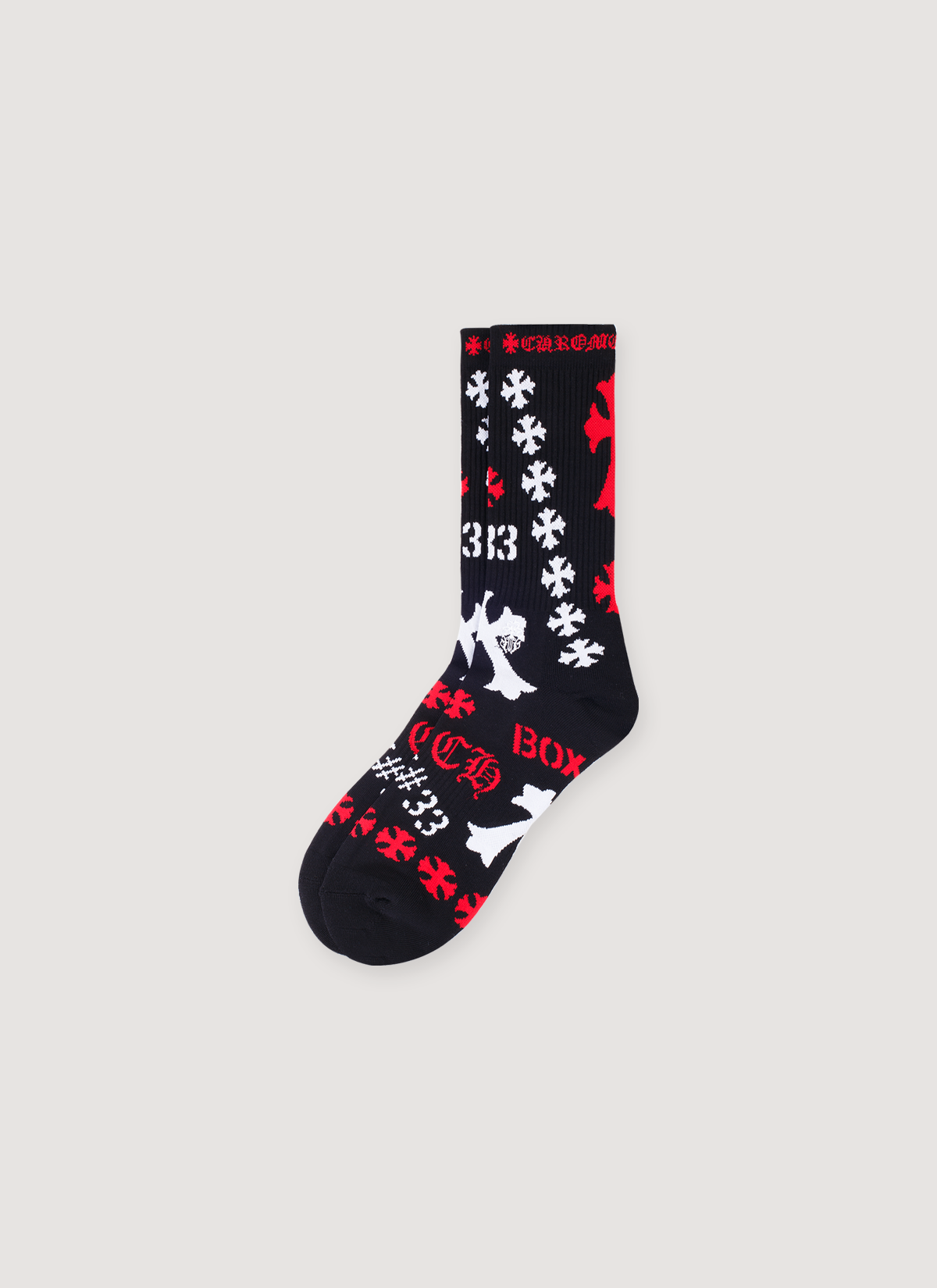 Chrome Hearts Black Stencil Socks woven all over red and white logos, woven Chrome Hearts text ribbing Chrome Hearts Stencil Socks - Image 3 | Authenticated at Pieces Los Angeles