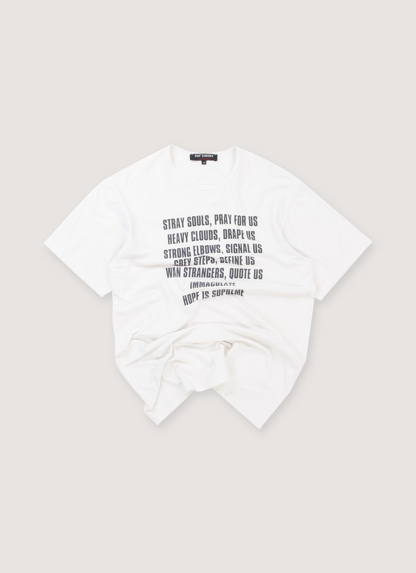 Raf Simons Stray Souls Poem Tee Shirt White (Pre-Owned) with printed poem graphic, thin ribbed neck, front view Stray Souls Poem Tee White (Pre-Owned) - Authenticated T-shirts | Pieces Los Angeles
