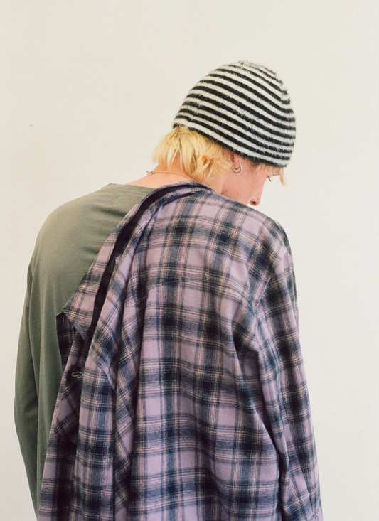 Vague Studios Striped Shag Beanie Black White