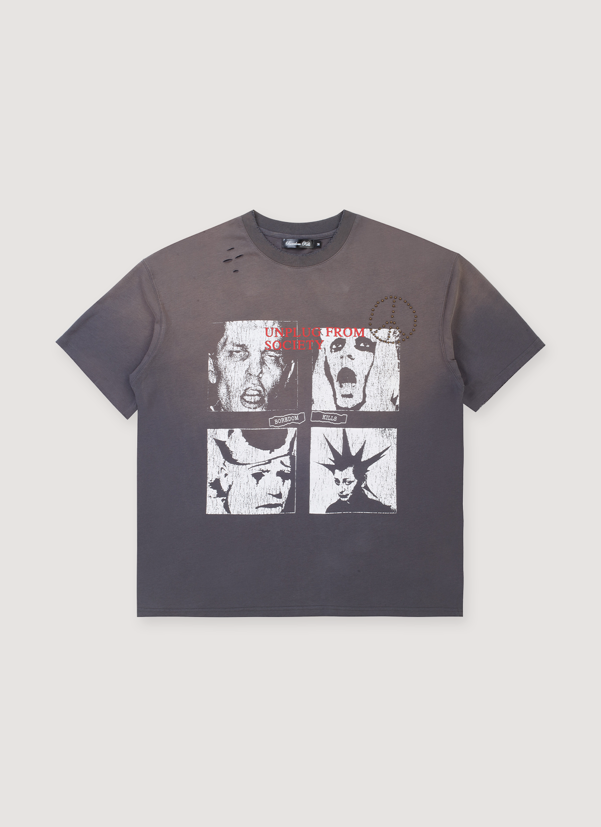 Boredom Kills Studded Unplug Tee Vintage Grey faded design with white graphic and distressed tears, front view