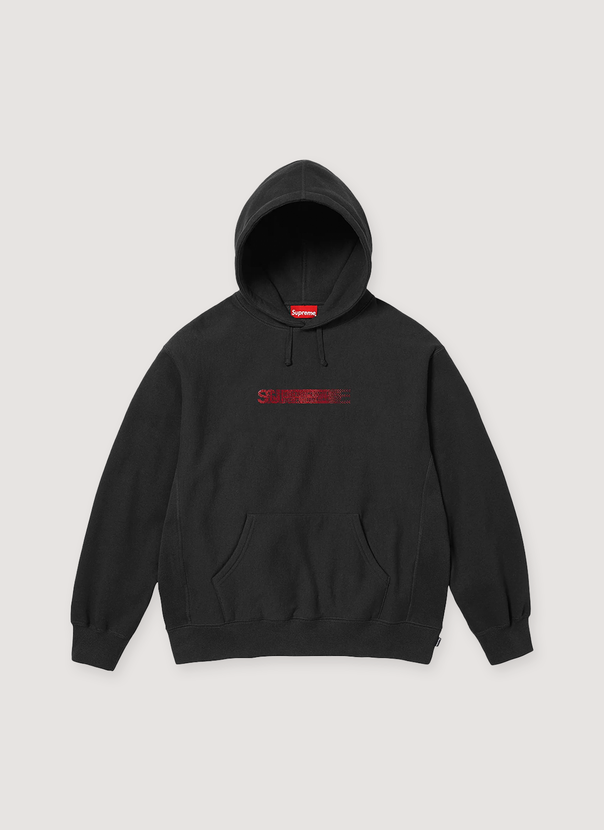 Supreme Swarovski Motion Logo Sweatshirt Black with crossgrain brushed-back fleece material, rib gussets, pouch pocket, and Swarovski crystal logo applique, red Supreme logo, front view