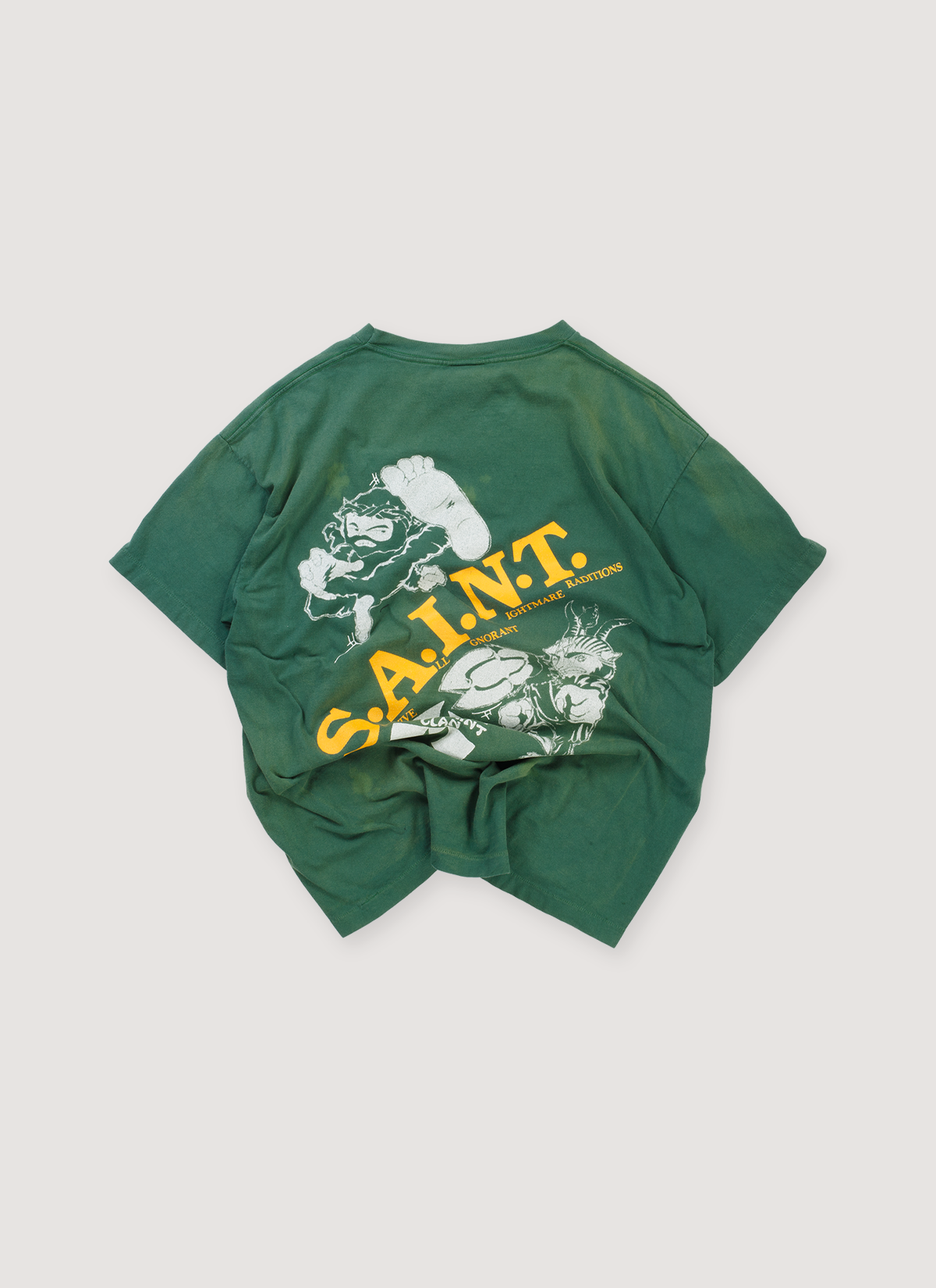 Saint Michael Sean Wotherspoon Saint Clan Tee Shirt Green (Pre-Owned), vintage washed, distressed detailings, with printed logo graphic and yellow text that says SAINT, back view