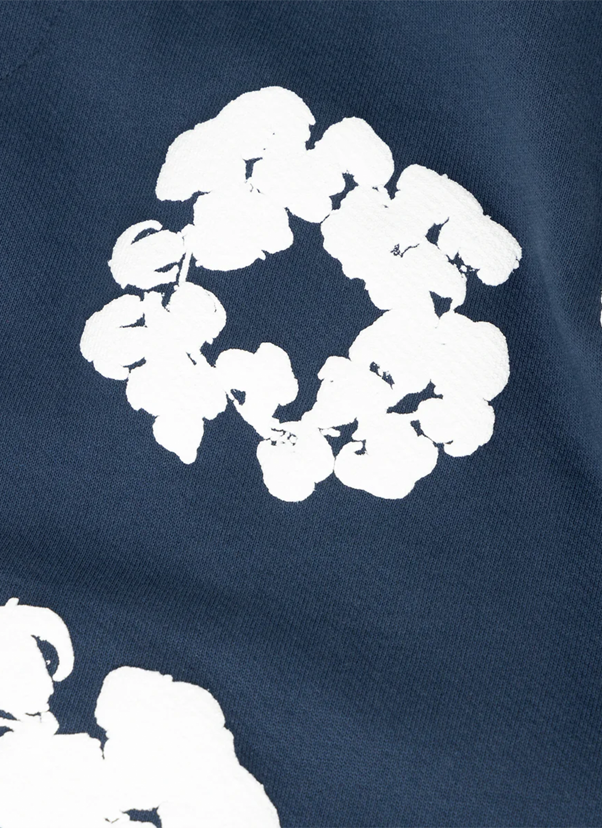Denim Tears Cotton Wreath Sweatpants Navy, close up view of white wreaths flowers