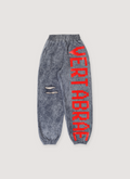 Vertabrae C-1 Sweatpants Washed Grey Red distressed with tears, cuffed, big red graphic text running down one leg, front view Vertabrae C-1 Sweatpants Washed Grey Red - Image 1 | Authenticated at Pieces Los Angeles