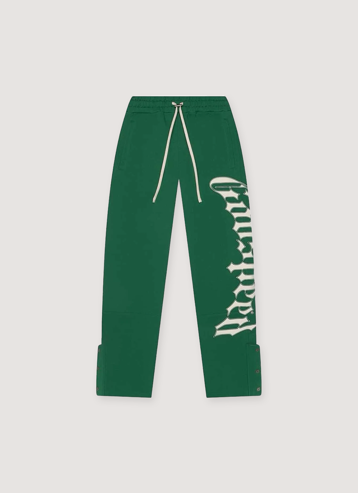 Godspeed New York OG Logo Sweatpants Green V2 with white text graphic on one of the legs, and white drawstrings, front view Godspeed New York OG Logo Sweatpants V2 - Image 3 | Authenticated at Pieces Los Angeles