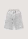 Boredom Kills BK Jean Sweatshorts Grey with elasticated waist, adjustable drawstring, printed denim patterhn rivet and embroidery design, front view Boredom Kills BK Jean Sweats Grey - Image 1 | Authenticated at Pieces Los Angeles