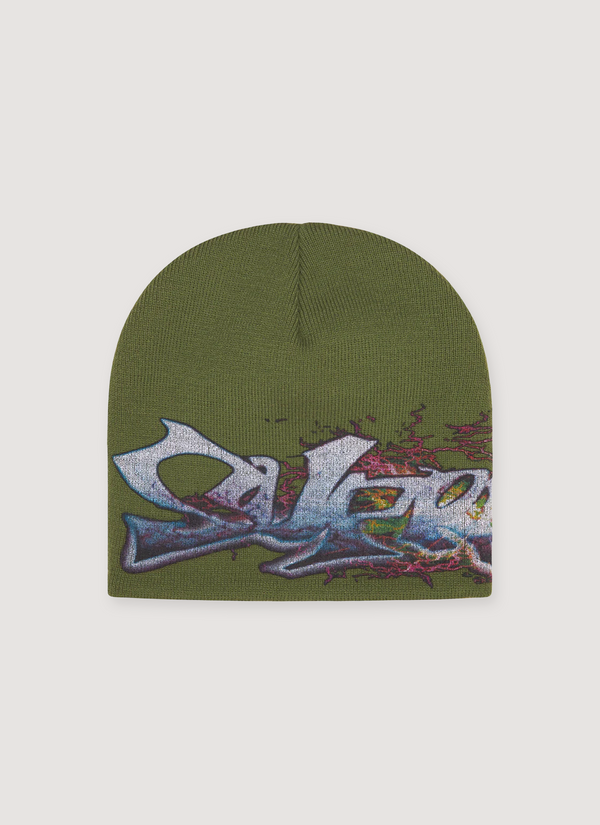 Supreme Tag Beanie Olive acrylic with printed graphiti logo with artwork by Art Dealer, front view Tag Beanie - Authenticated Beanies | Pieces Los Angeles