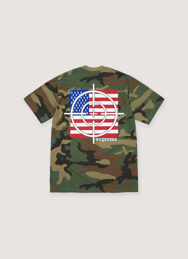 Supreme Target Tee Woodland Camo Camouflage Shirt with American flag with target on it, back side Target Tee - Authenticated T-shirts | Pieces Los Angeles