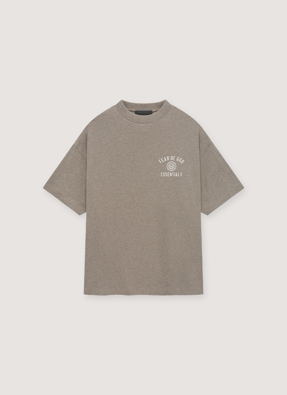 Essentials Jersey Crewneck Tee Shirt Heather Grey with printed logo, rib knit collar, rubberized logo, front view