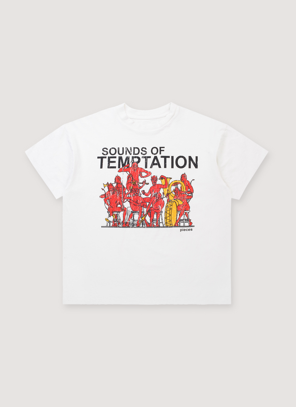 Pieces Temptations Tee Shirt Off White with black text that says Sounds of Temptation with a distressed graphic of red devils playing golden instruments in an orchestra band front view Temptations Tee Off White - Authenticated T-shirts | Pieces Los Angeles