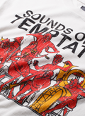Pieces Temptations Tee Shirt Off White with black text that says Sounds of Temptation with a distressed graphic of red devils playing golden instruments in an orchestra band close up view of the graphic and text Pieces Temptations Tee Off White - Image 3 | Authenticated at Pieces Los Angeles