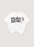 Kapital Tenjiku Crew Tee Shirt White (Pre-Owned) with printed logos, ribbed neck, black text says Only in Japan Baseball Stadium Beer Girls with a graphic of a girl holding beer, front view Kapital Tenjiku Crew Tee White (Pre-Owned) - Image 1 | Authenticated at Pieces Los Angeles