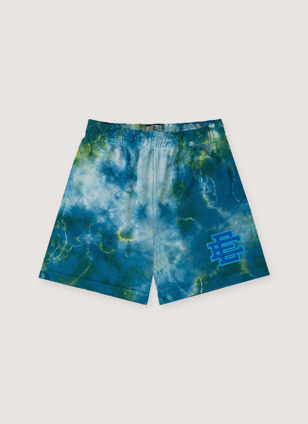 Eric Emanuel Basic Short Tie Dye Deep Sea Blue mesh Shorts with green details and EE Logo, front view Basic Short Tie Dye Deep Sea Blue - Authenticated Shorts | Pieces Los Angeles